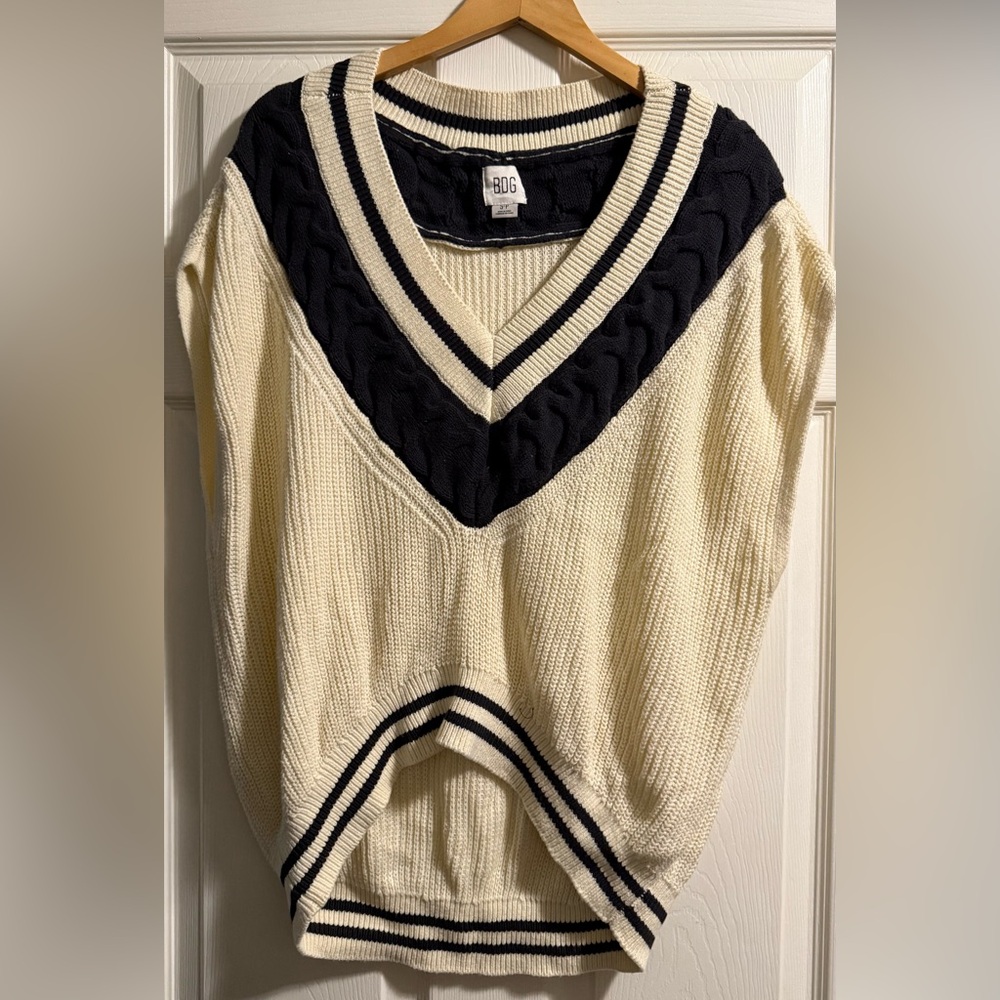 BDG Cream and Black V-Neck Sweater with Varsity Stripes